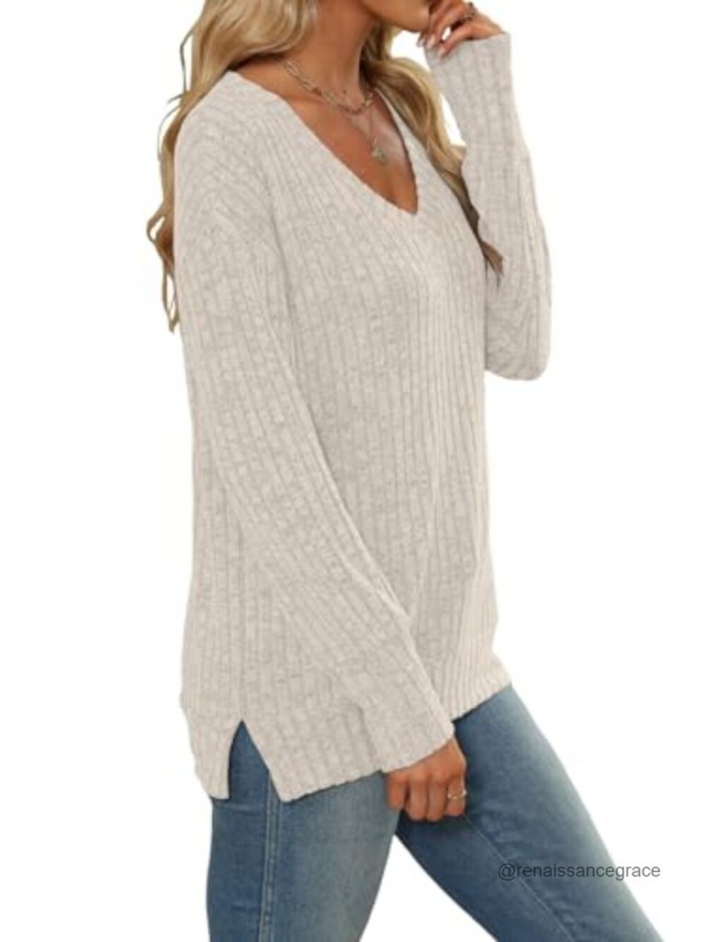 Womens V Neck Long Sleeve Tunic Sweater Loose Casual Pullover - Picture 2 of 6